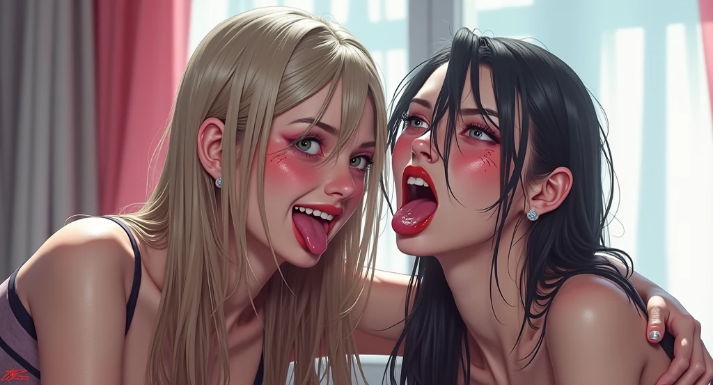 3females,blowjob,handjob,aggressive gyarus,eyelash,blonde hair,brown hair,short hair,tongue out,sweaty,looking at penis,bukkake on face,gyaru,at nightclub,females licking 1penis pov,from above,bukkake on face,(only 1penis),realistic,excessive cum on face,suffering,