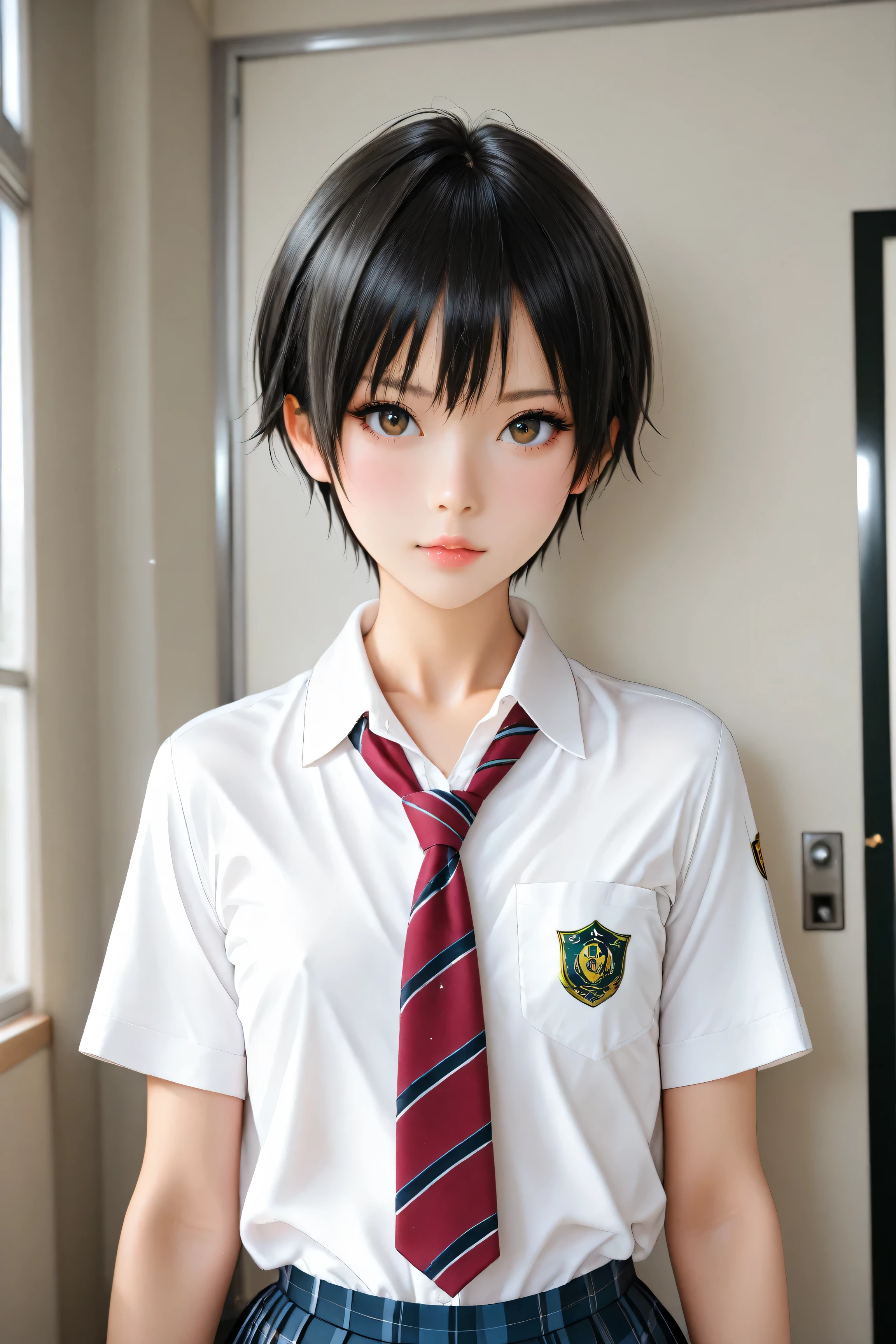 Best Quality,ultra detailed, Photo realstic,
(solo tomboy), black hair, slim, school uniform, looking for viewer, punch, flat chest,