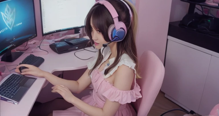 (8k, best quality, masterpiece:1.2), (realistic, photo-realistic:1.37), ultra-detailed, detail fingers, realistic fingers, A detailed portrait of 1 Gamer Girl, 21 year old girl, e girl, pale skin, perfect body, wearing maid clothes, cute pink headphone, sitting in a cute pink gaming chair, closed mouth. The scene is illuminated with professional lighting, photon mapping, and radiosity, with Tetsuya Nomura Style. Blur bokeh effect, realistic light.
