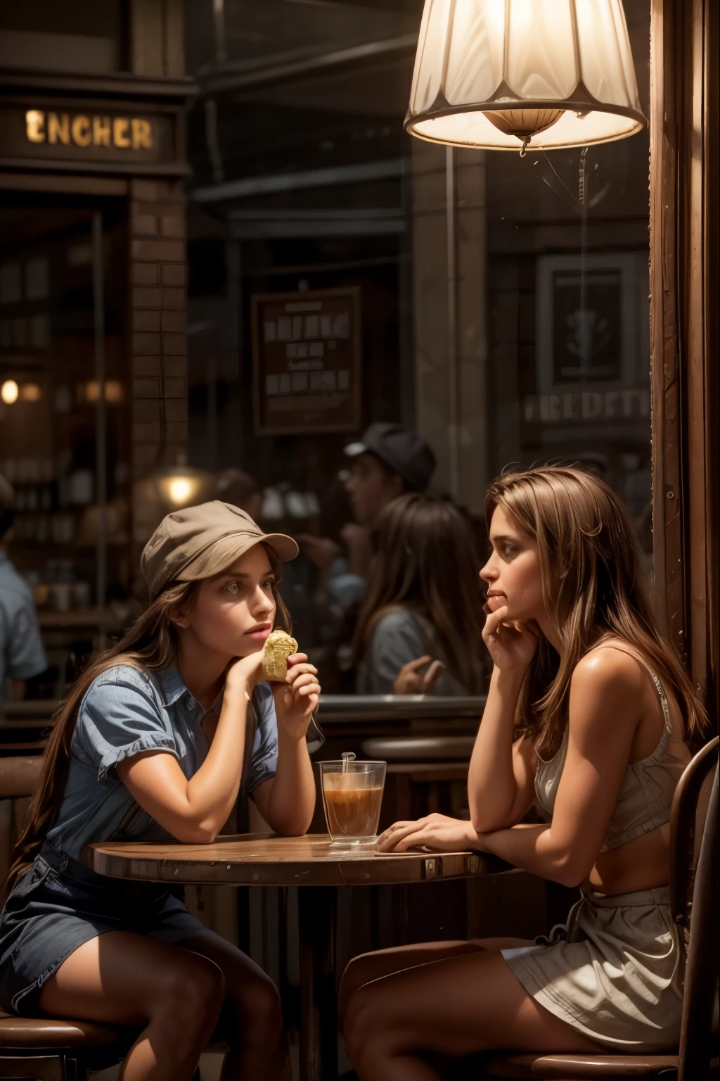 Inspired by Edward Hopper's 'Nighthawks,' this scene depicts an ice cream parlor immersed in the nocturnal quiet of a deserted city. Behind a large glass window, the shop emanates a warm and welcoming light, in stark contrast to the dark and streets outside. The long counter recalls the diner in the original painting, but instead of coffee and sandwiches, here they serve scoops of ice cream in unreal colors and impossible flavors. The customers, absorbed in their thoughts, enjoy cones that evoke childhood memories—summer adventures, forgotten flavors, the sweetness of a time gone by. The ice cream man, silent and precise in his gestures, contributes to the suspended, almost cinematic atmosphere, making this place a magical refuge in the night