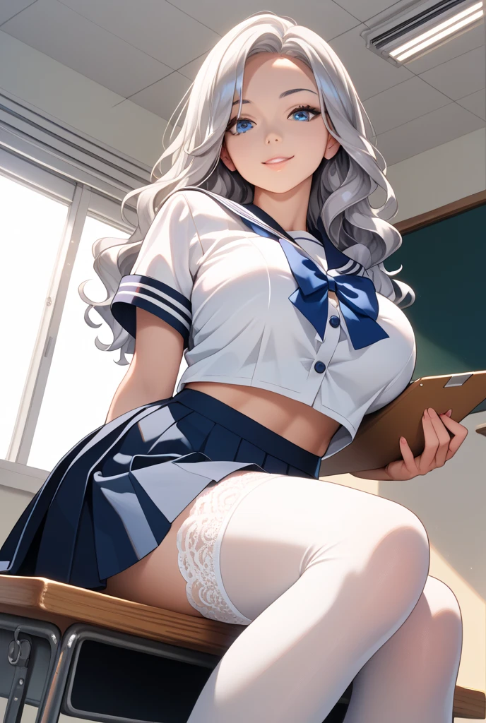((1 girl:1.5))、(smile:1.5)、、(cowboy shot)、(fun!!)、(white cardigan:1.5)、(dog ears)、(silver hair)、blush、(long hair)、(eye highlights:1.3)、blake black shoes,(黒いskirt:1.5)、bow, button, shirt with collar, long sleeve, ((red bow tie, ,, white shirt, チェック柄のskirt:1.5、white socks)),, shirt,, skirt, socks, thighs, white shirt, Rest indoors, ((classroom:1.5))、 BREAK while watching the audience、 (perfect hands, perfect anatomy),cowboy shot、(skirtlift:1.3),(highly detailed white panties:1.3)、(highly detailed panties:1.3)、、(skirt that rolls up:1.3)、(fully exposed panties:1.5)、light blue eyes