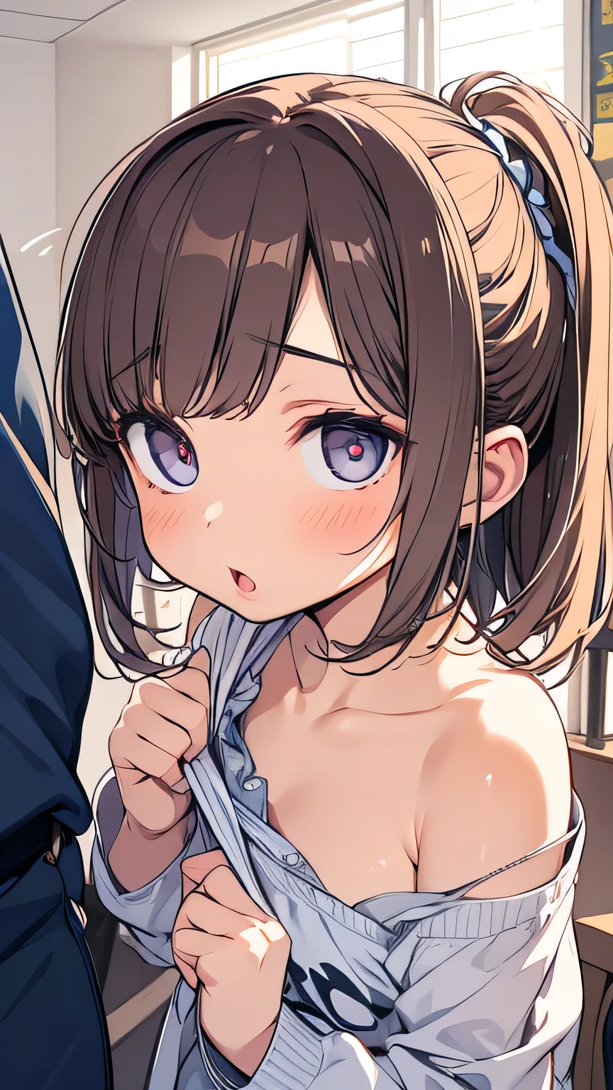 1 girl fisheye lens　Obscene with middle-aged men　Chest　obscene sound effect　speechbubble motion line　Wearing Clothes
