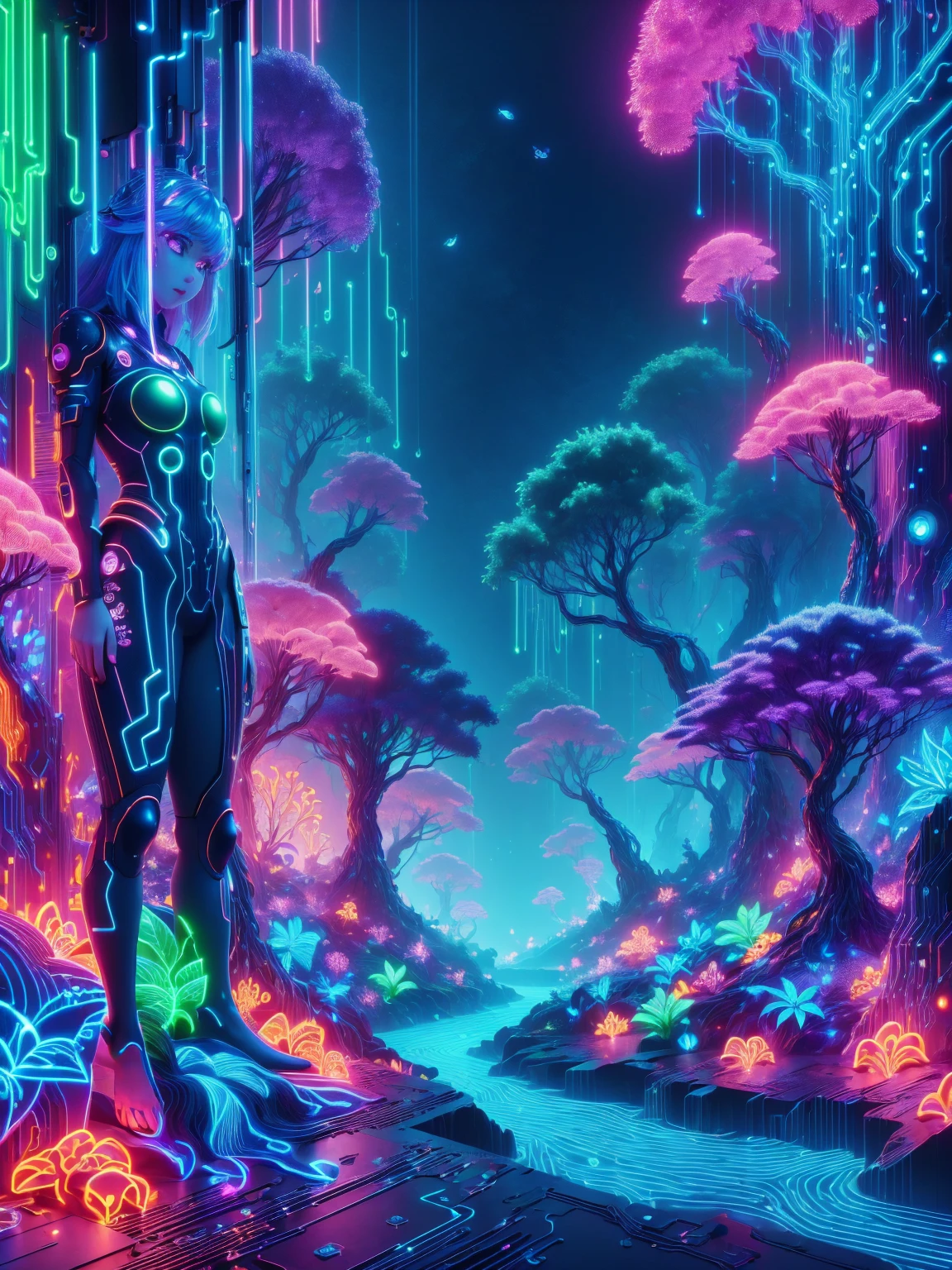 top quality, future world, State-of-the-art robot, Beautiful Woman swing on the tree , flying hair, Transformed into a cyborg except for the face, sexy images, whole body photo, (((jungle, adventure, huge trees, water fall, huge stone)))