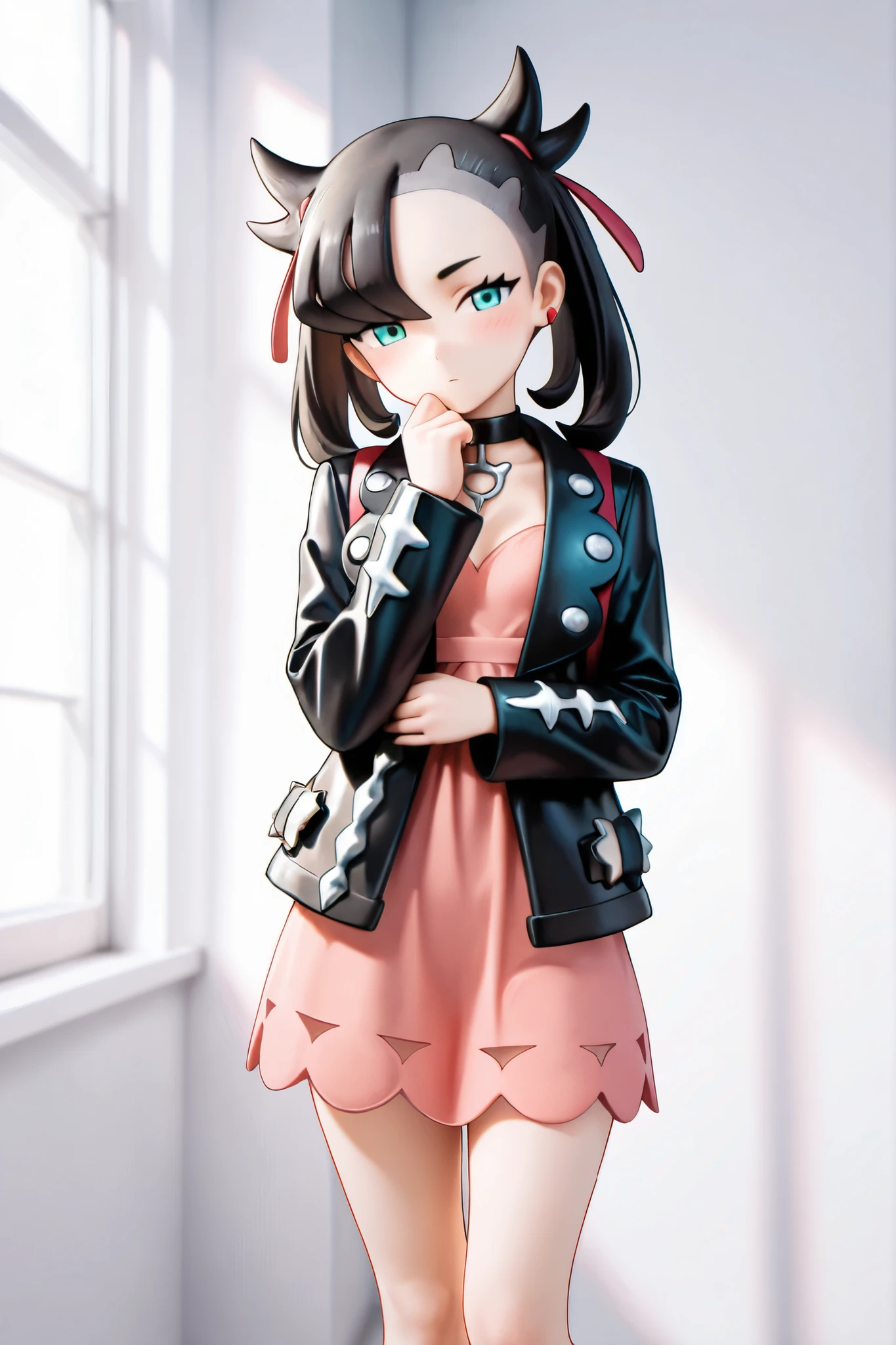 <lora:miyazero_style:0.6>,((masterpiece,best quality)), absurdres, <lora:marnie_v1:0.7>, hmmarnie, aqua eyes, black choker, red ribbon, pink dress, jewelry, black jacket, open clothes, long sleeves,  solo, smiling, looking at viewer, cowboy shot, cinematic composition, contrapposto,