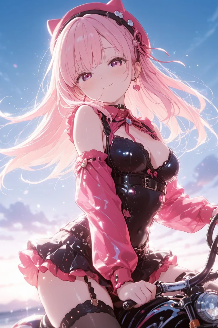 ((tmasterpiece))、(topquality)、(Detailed, 27 years old)、(1girl, she is visible)pink hair、pink fox ears,Pink glowing eyes、Upskirt. She&#39;s wearing a gothic Lolita dress., looking down on the viewer、Huge boobs、Clean thighs、She stands in the lens and looks at her under her skirt . She&#39;s holding her chest, and the nipple slips out of her shirt. You can see her a little , Upskirt.  Visible. glossy skin. mature face. She smiles. No teeth. closed mouth