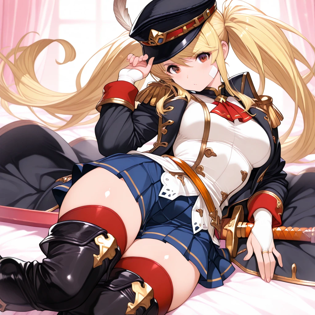 1girl,bismarck, a woman wearing black BMR_uniform holding a sword, medal on left shoulder, BIS_hat, white glove, carrying rigging_machine, turrets_equipped on the rigging_machine, looking at viewer, off shoulder, parted lips, red eyes, sidelocks, sitting, skindentation, smile, solo, SFW,  detailed eyes, (masterpiece:1.4),(best quality:1.4),(shiny skin),realistic, detailed eyes,