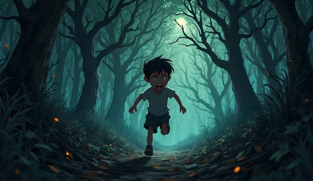 boy scared falling in a forest
