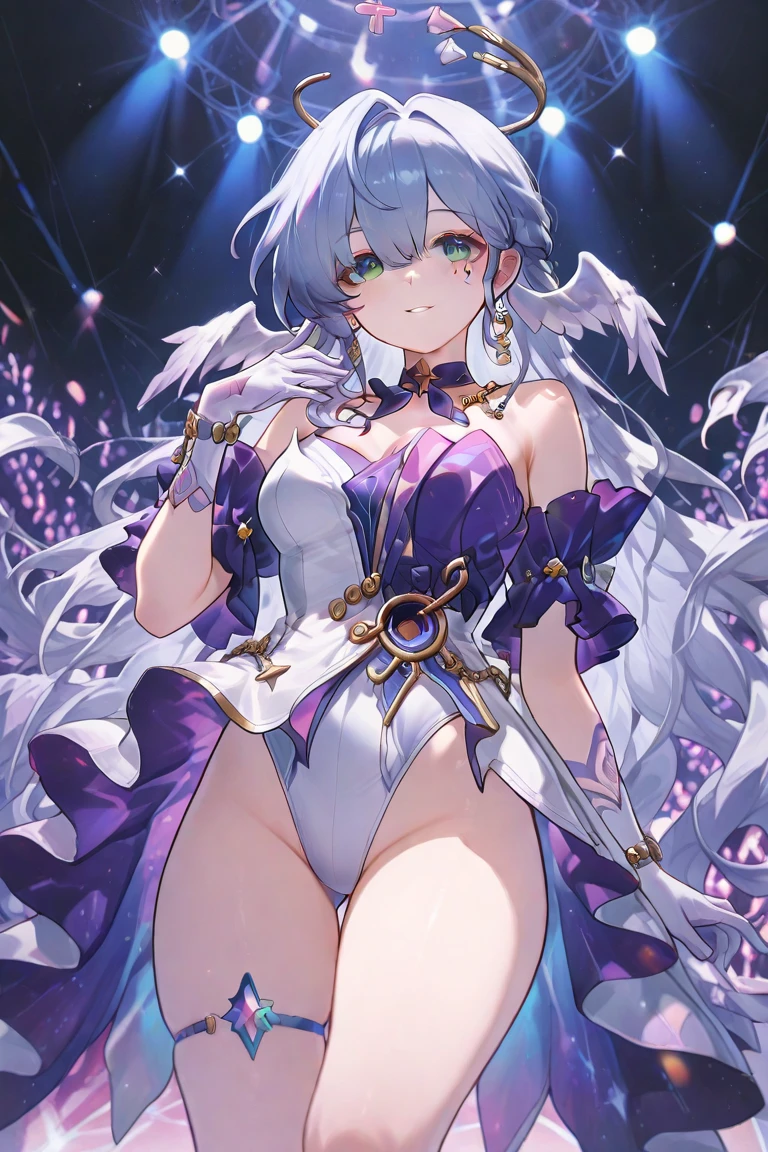 masterpiece, best quality, solo, stella unibell, navel, smile face, big breasts, skirt,