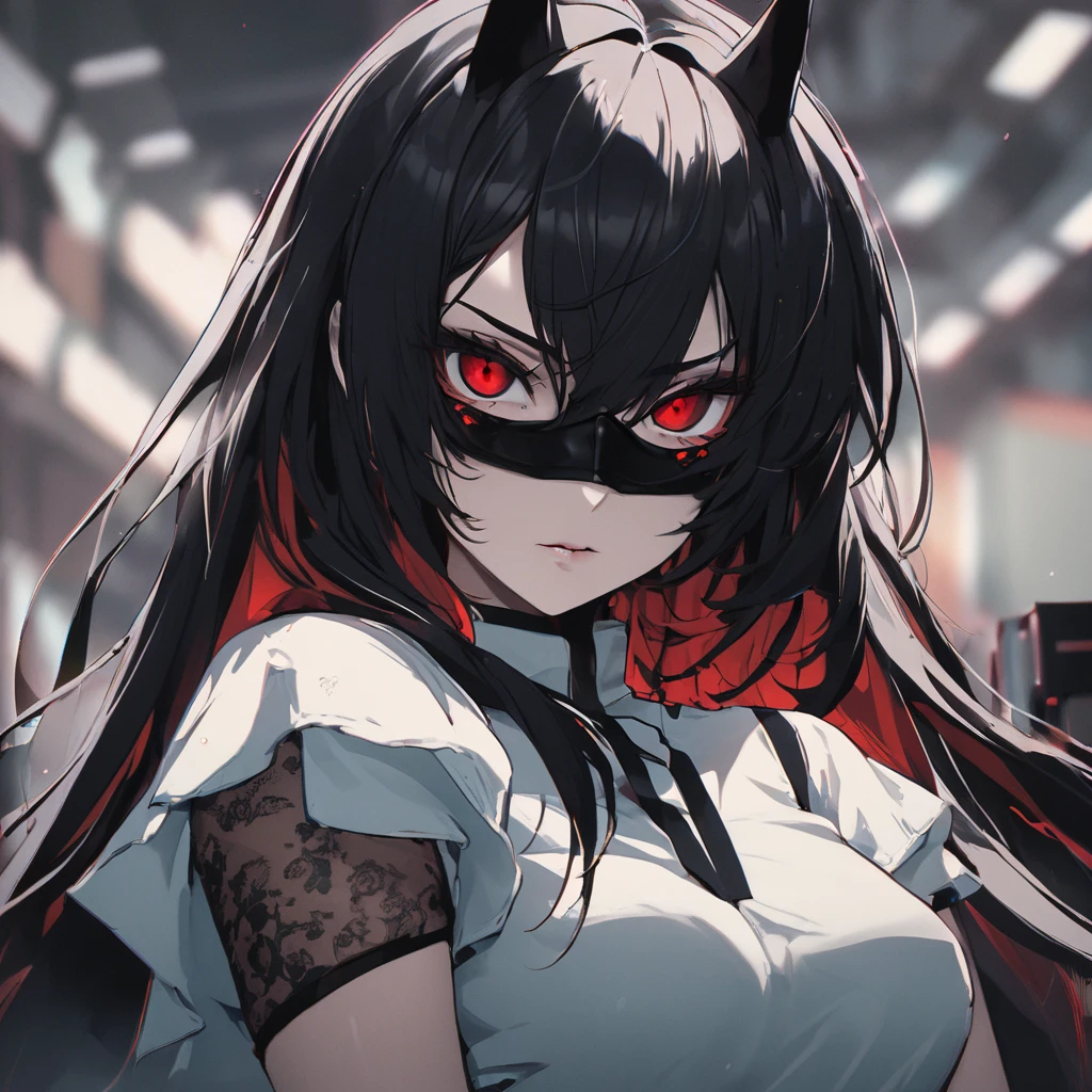 solo, female, huge woman, heavy black mascara, long silky black hair, red eyes, black wolf ears, huge breasts, collar, leash, elegant, kimono, leash, furry claws, close up, forest, bound, tied up