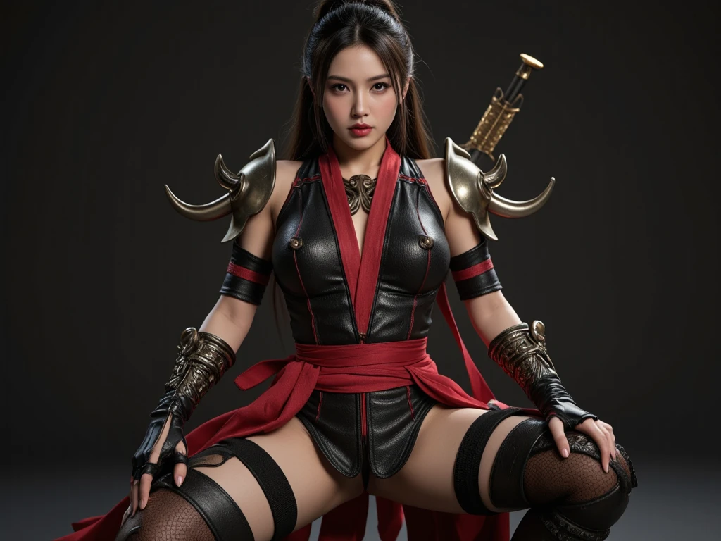 1 teenage girl. Slim body. Girl Kamen rider. Dragon styled kamen rider. Red and black female kamen rider suit with cleavage. Dragon styled full face kamen rider helmet. No face exposed. No hair exposed. Kamen rider belt. Standing pose. Red light background.