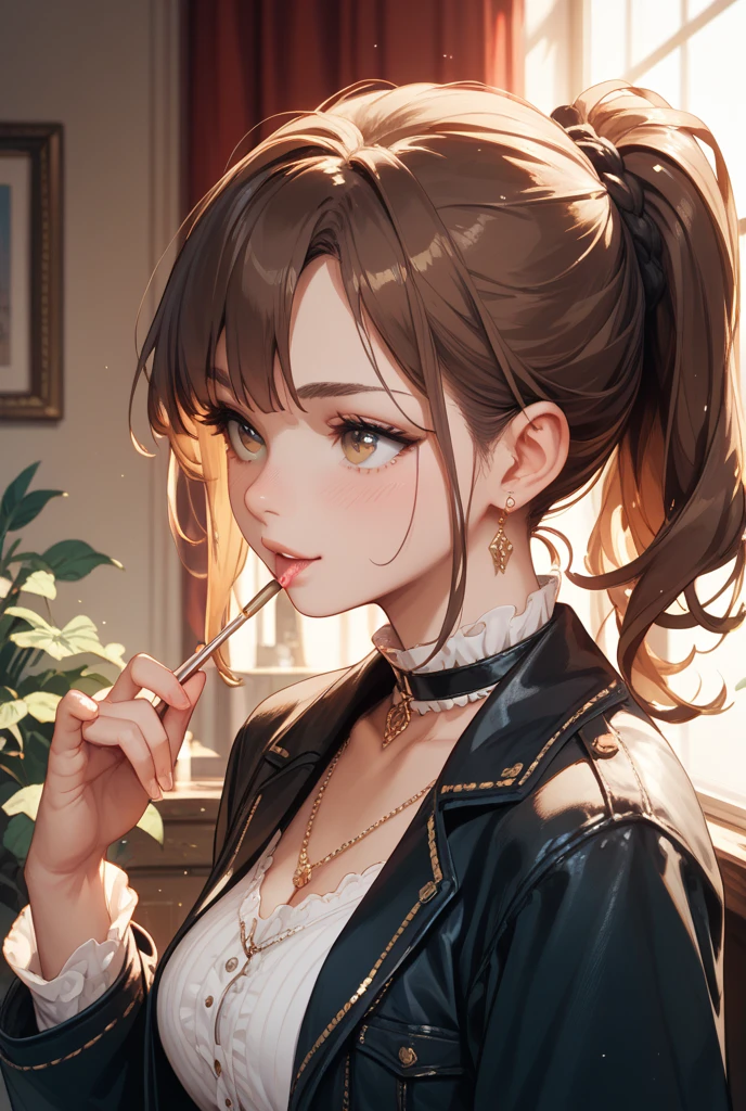(top-quality)), ((masterpiece)), perfect anatomia、NSFW、Pitch Resuit、(Huge 1.2)、Puffy nipple、,、see -through、ponytail, brown hair, empty eyes, green eyes, in heat, used condom, hug, fellatio, deepthroat, intercourse with two men, {{spitroast}}, cum in mouth,