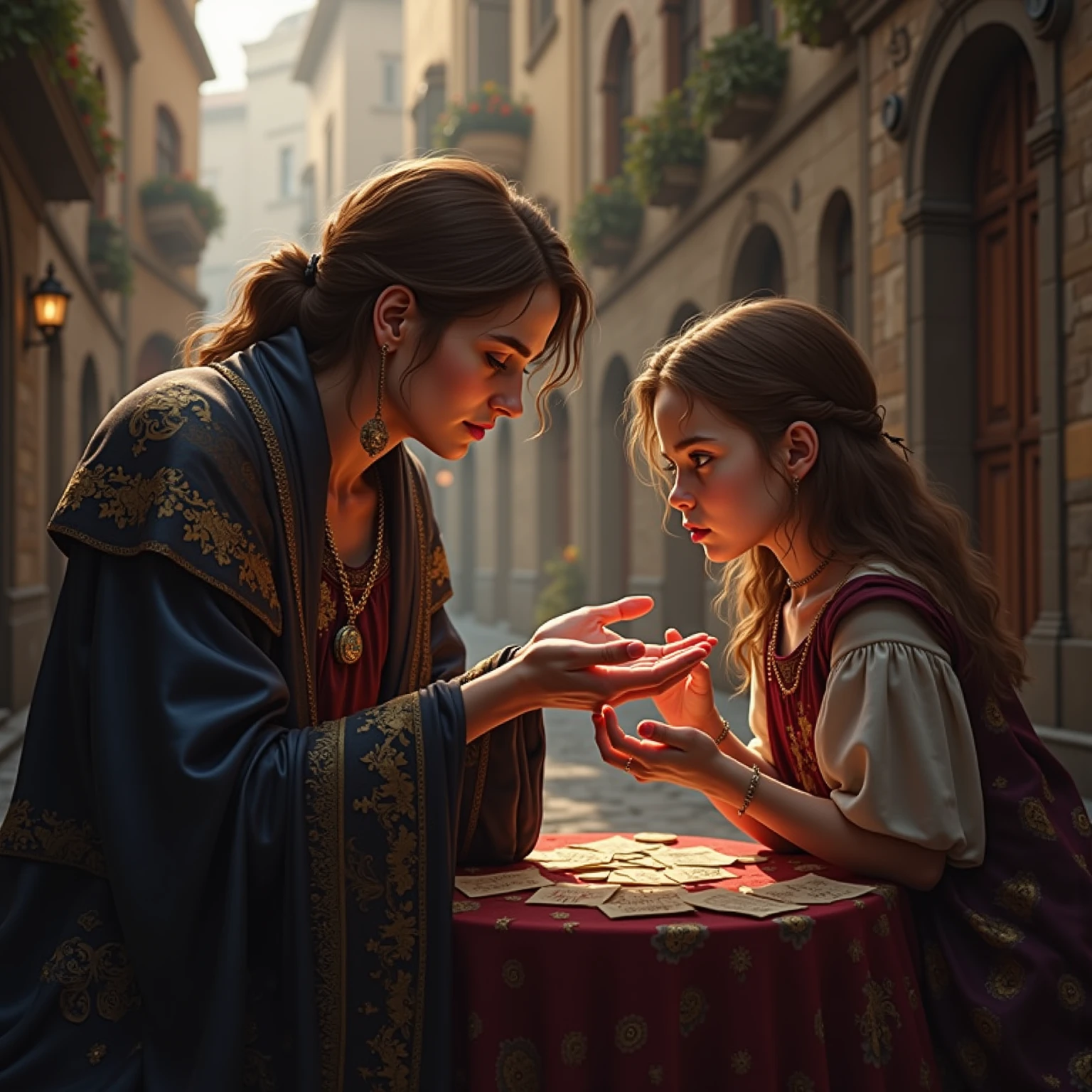 Um grupo de amigos jogando magic the gathering. A short-haired woman with a child in her arms, another with glasses, inteligente e bonito. Um gordinho bravo