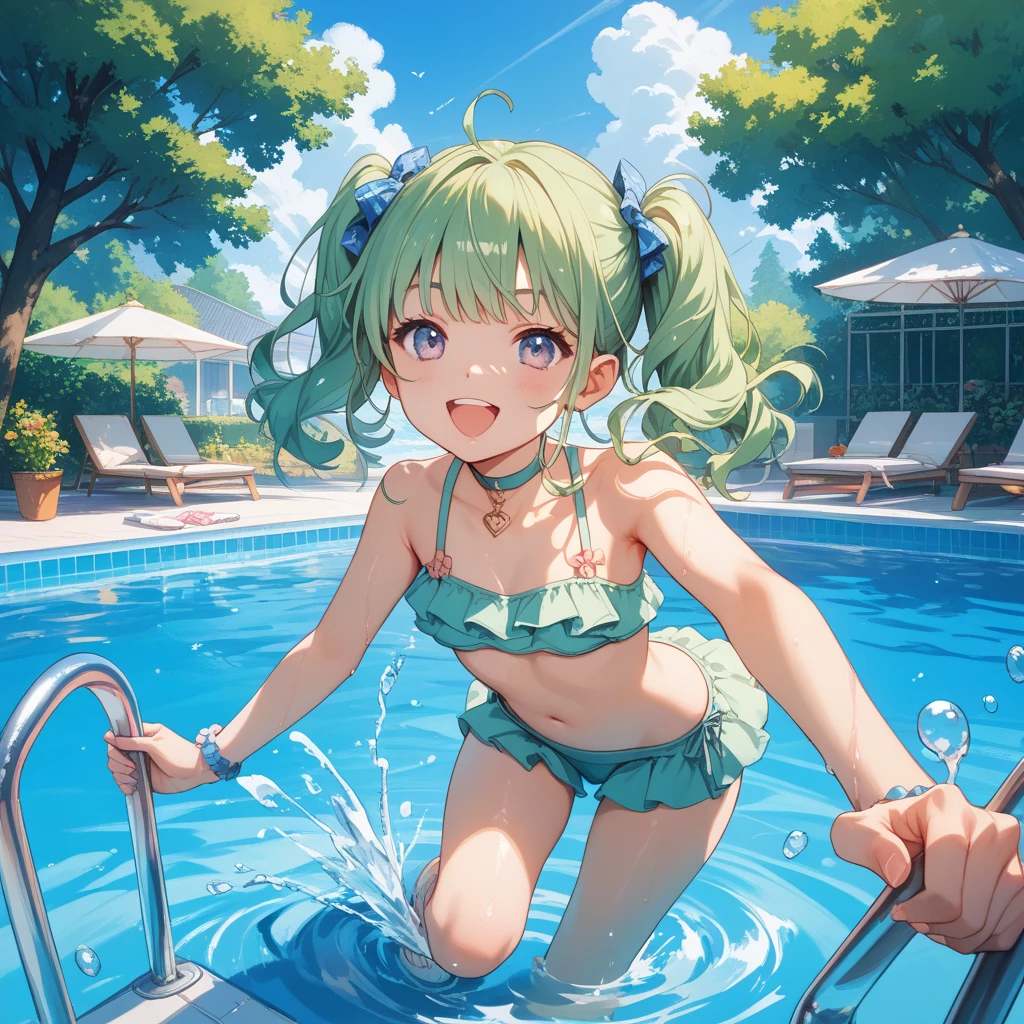 (panoramic, low angle style), (pov, dynamic pose), (solo:2, 15 yo), (detailed beautiful ponytail green hair long hair) (best cute girl) (beautiful sexy yellow eyes) (love smile), in a pink summer one piece swimwear, break, in the Hiji Falls, background immensely beautiful biggest A vast waterfall, BREAK, 16K, masterpiece, best quality, beautiful detailed waterfall.
