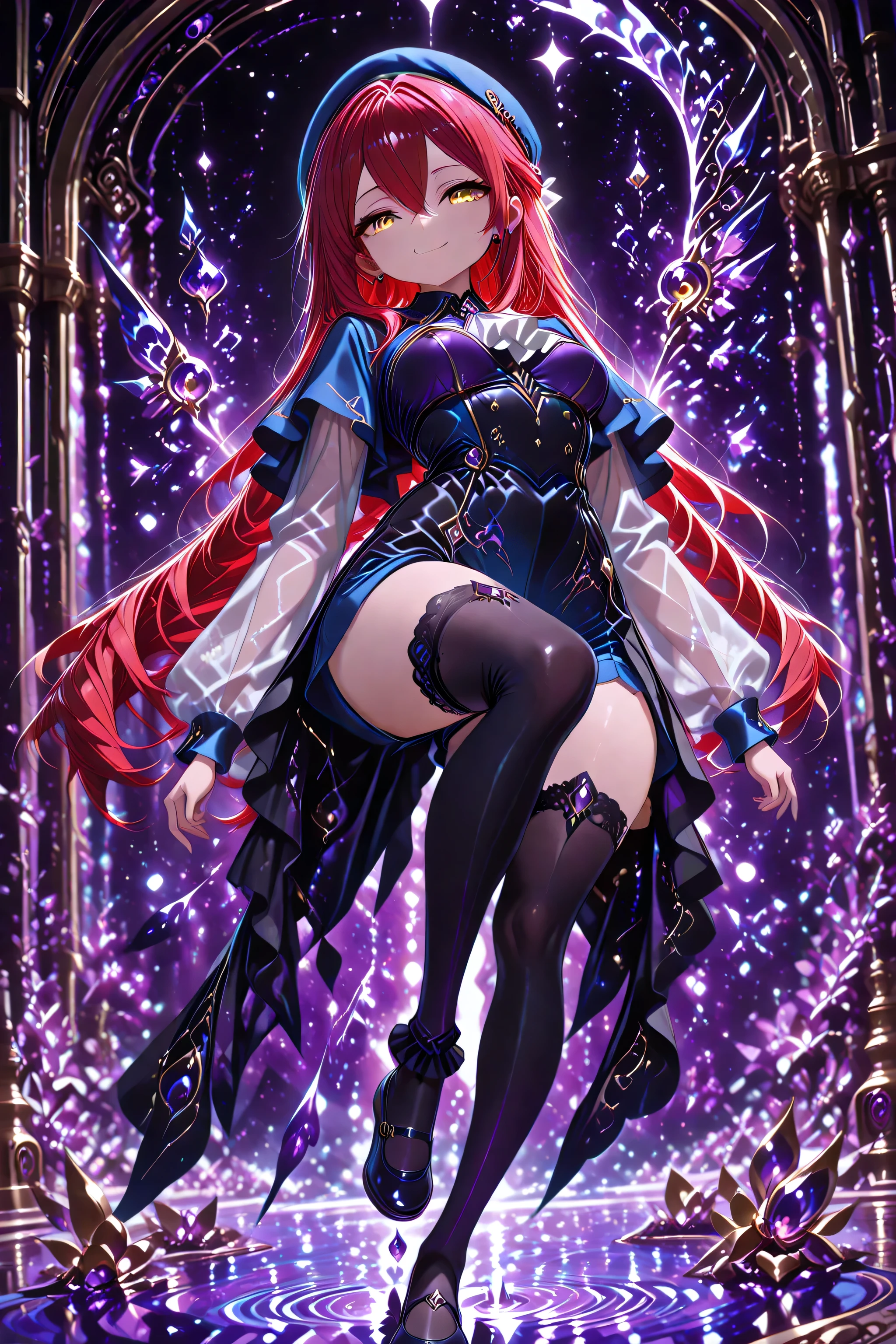 absurd_res, 8K, (masterpiece: 1.2), (best quality: 1.2), (detailed eyes, beautiful eyes:1.2), cinematic angle, cinematic shadows
1 girl , golden eyes , very long hair , long sidelocks, red hair ,half updo, petite , very cute , beautiful ,Straight hair, cool, handsome, hair between eyes, sexy, medium breasts ,flowing hair, captured mid-motion as she stands on one foot in an elegant ballet pose. Her landing foot lightly touches a surreal, purple water surface, creating purple swirl radiating outward. The purple swirl originates from where her foot touches the water, spiraling upward and around her body in a dynamic, flowing motion, blending into the background. The scene is lit with soft, ethereal lighting, purple and black, emphasizing her peaceful smile juxtaposed with a grotesque atmosphere. The mystical yet unsettling tone enhances the overall composition, dark atmosphere
mortis outfit, blue beret, earrings, frills, capelet, gem, ascot, see-through sleeves, long sleeves, black skirt, blue shorts, black thighhighs, frilled socks, blue mary janes, sometyome_illu, abstract,