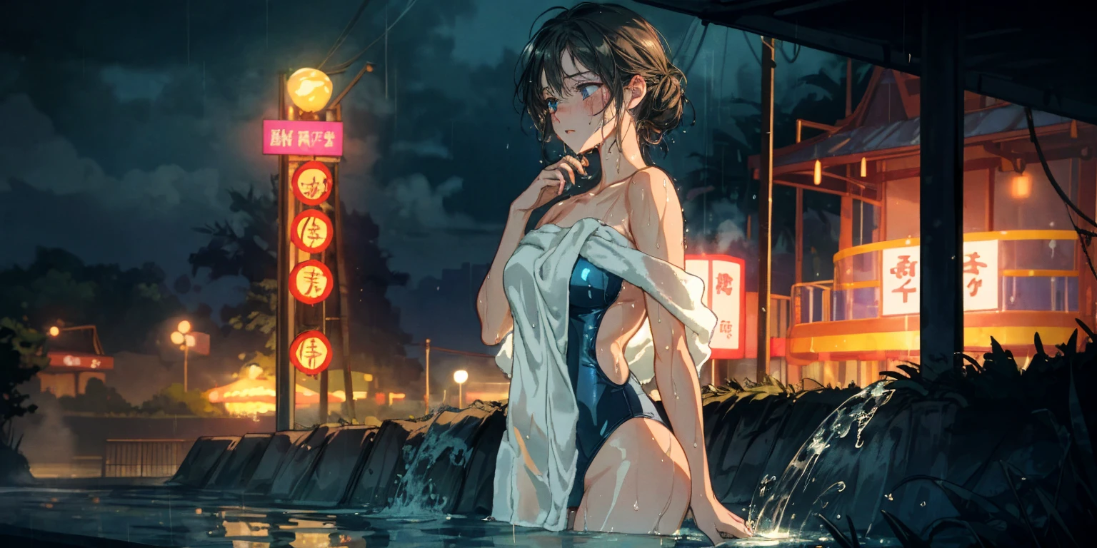 hiten kei style, claude monet, oil painting, night, denim pants, ((topless)), nsfw, masterpiece, street lamp, city, 1 girl, erect nipples, intricately detailed, navel, bare shoulders, brown hair, necklace, extremely detailed, bare breasts, puffy nipples, yellow eyes, bare stomach, wet, wet body, medium breasts, arm strap, teen, soft eyes, armpit, open mouth, half open eyes, lusty eyes, blushing, head tilt, side bangs, huge nipples, bracelet, neon lights, belt, holding beer bottle, legs, standing