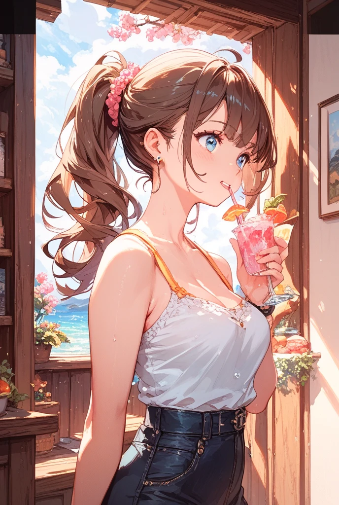 High resolution, high quality, One girl, Anime Girls,Brown long hair, Brown eyes, Pink Glasses,heart shaped pupils,Sunburned skin, Large Breasts,beautiful breasts,pointy breasts,(Big Ass),beautiful ass,Embarrassed,Tank Top,denim shorts,Back Pose,lower body,sweat,wet,sitting,open legs,cherryblossom,at cafe,(lemon juice),(orange juice),(Pineapple juice),(Mango juice),(water),