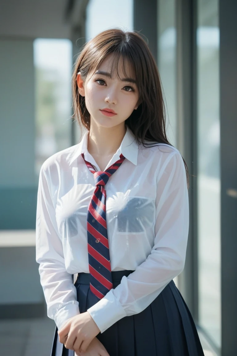 1 giantess standing above the city，Graceful figure，1 girl, from_below,big deal_breast, long_sleeve, outdoor, , shooting, Plaid, Plaid_skirt, strength_Lines, School_, skirt, Sky, alone, underwear, upskirt, Utilities_No, realistic art,(emphasize),Look up at camera,a giantess