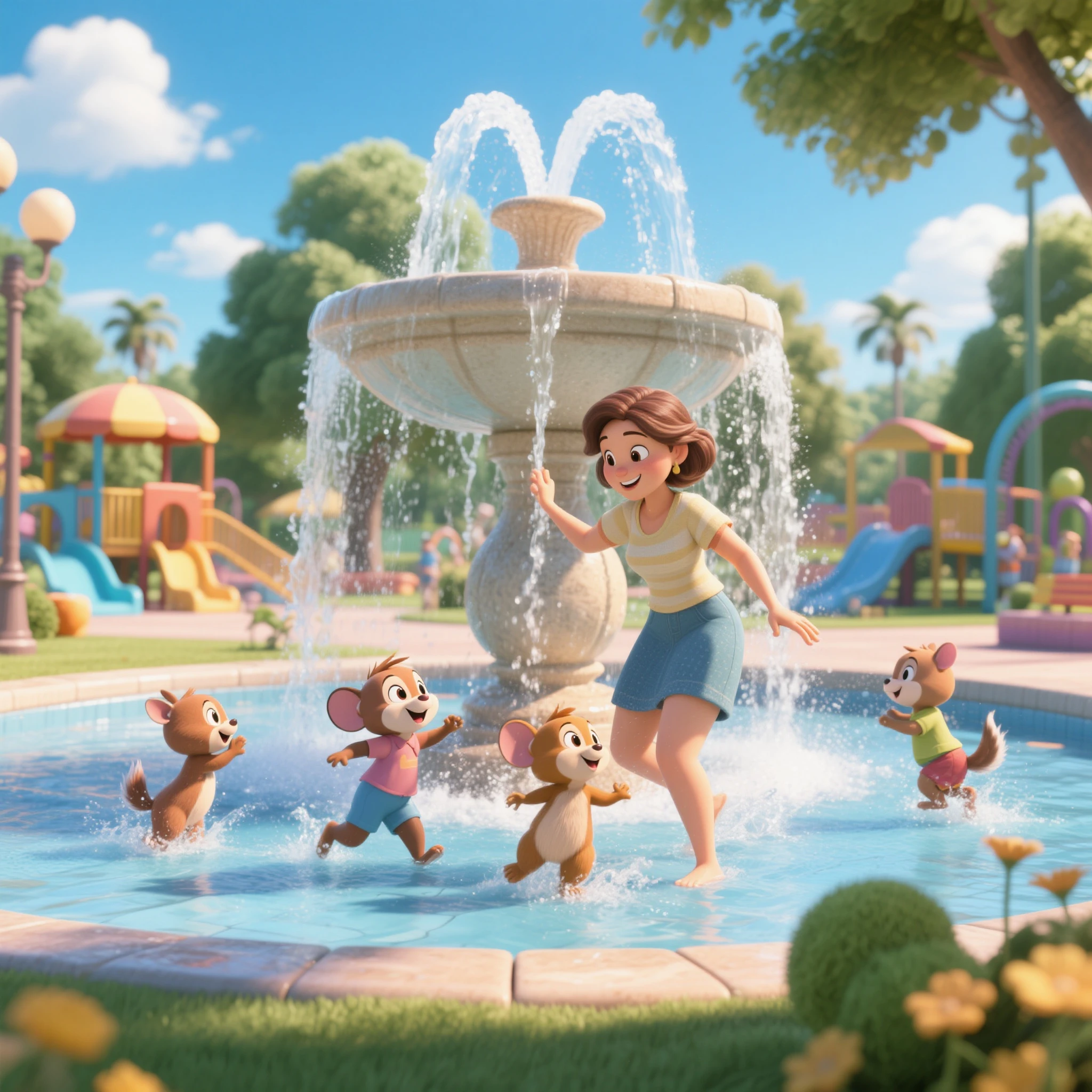 Water park. Animation. 3D animation style. A park with an artistic fountain. Small ren are playing under the fountain. A mother and her ren are playing on a hot summer afternoon. The summer sunshine is dazzling.