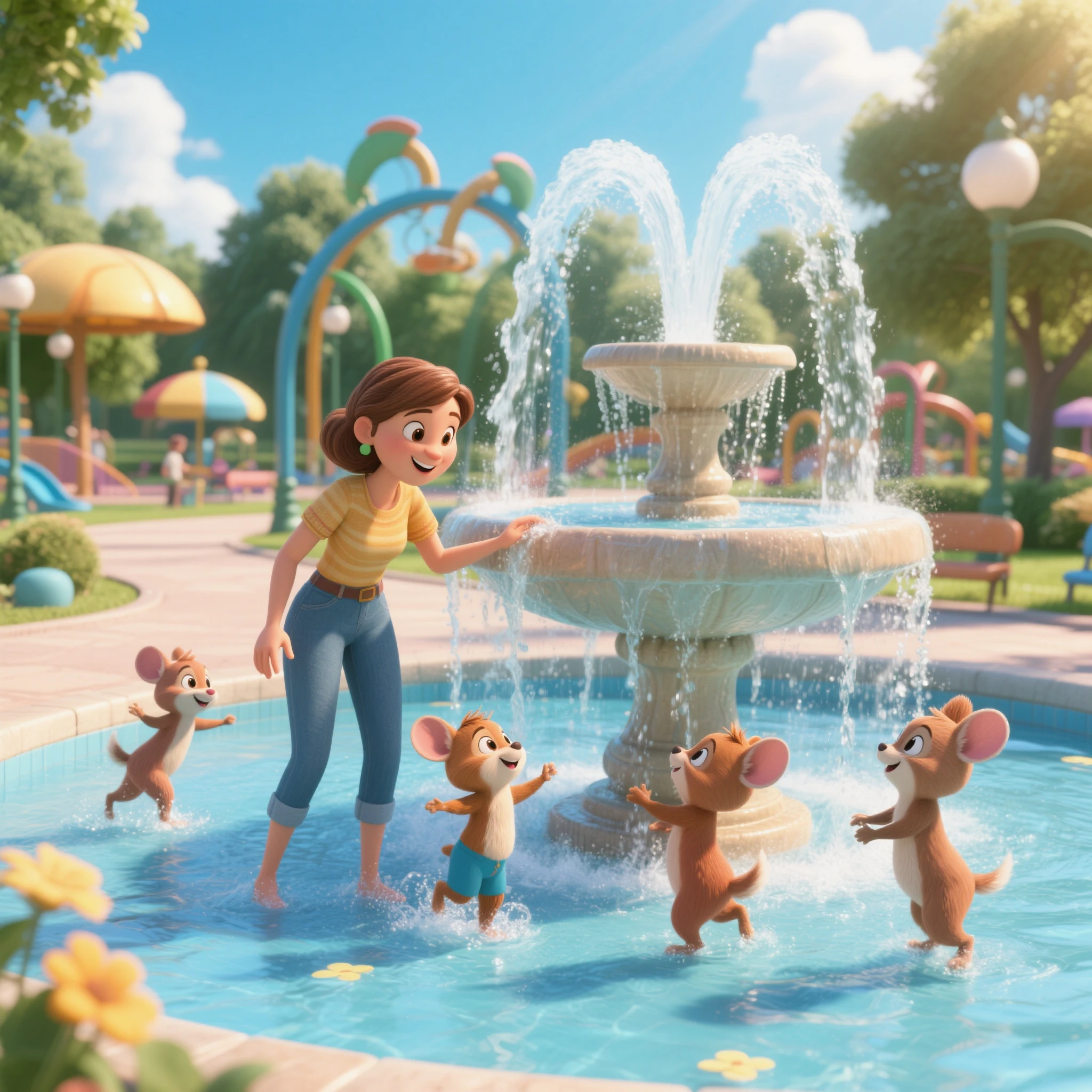 Water park. Animation. 3D animation style. A park with an artistic fountain. Small ren are playing under the fountain. A mother and her ren are playing on a hot summer afternoon. The summer sunshine is dazzling.