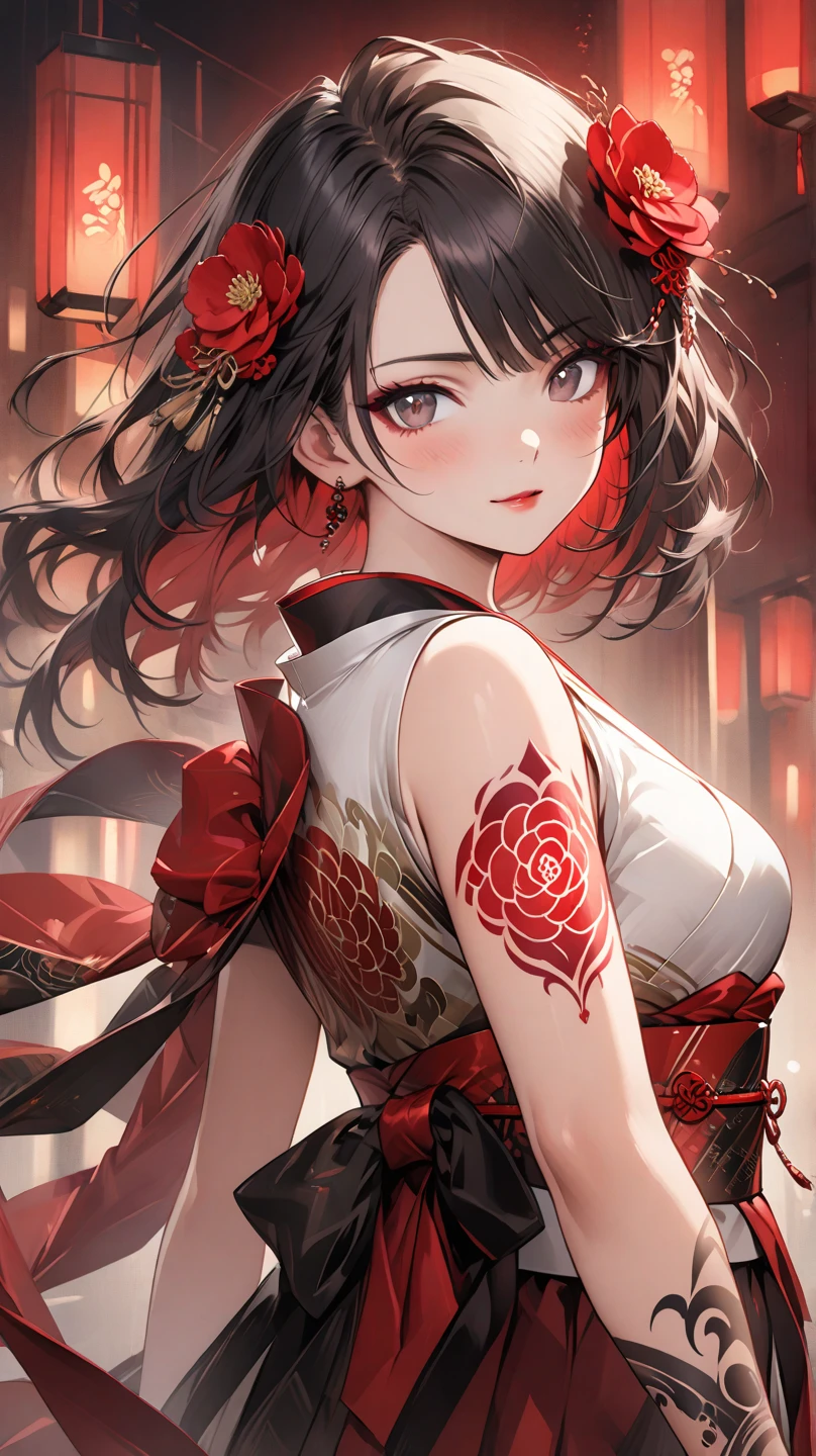 look at camera,(((top quality, 8k, masterpiece))), crisp focus, (beautiful woman with perfect figure), slender, (hairstyle: up)), ((kimono: Kara)), street: 1.2 Highly detailed face and skin texture Detailed eyes Double eyelids random posture, (smile),super cute Japan person,super beauty Japanese girl, realistic face, double eyelid,smile,summer festival , at sunset , beautiful tooth , fire-works back-ground.