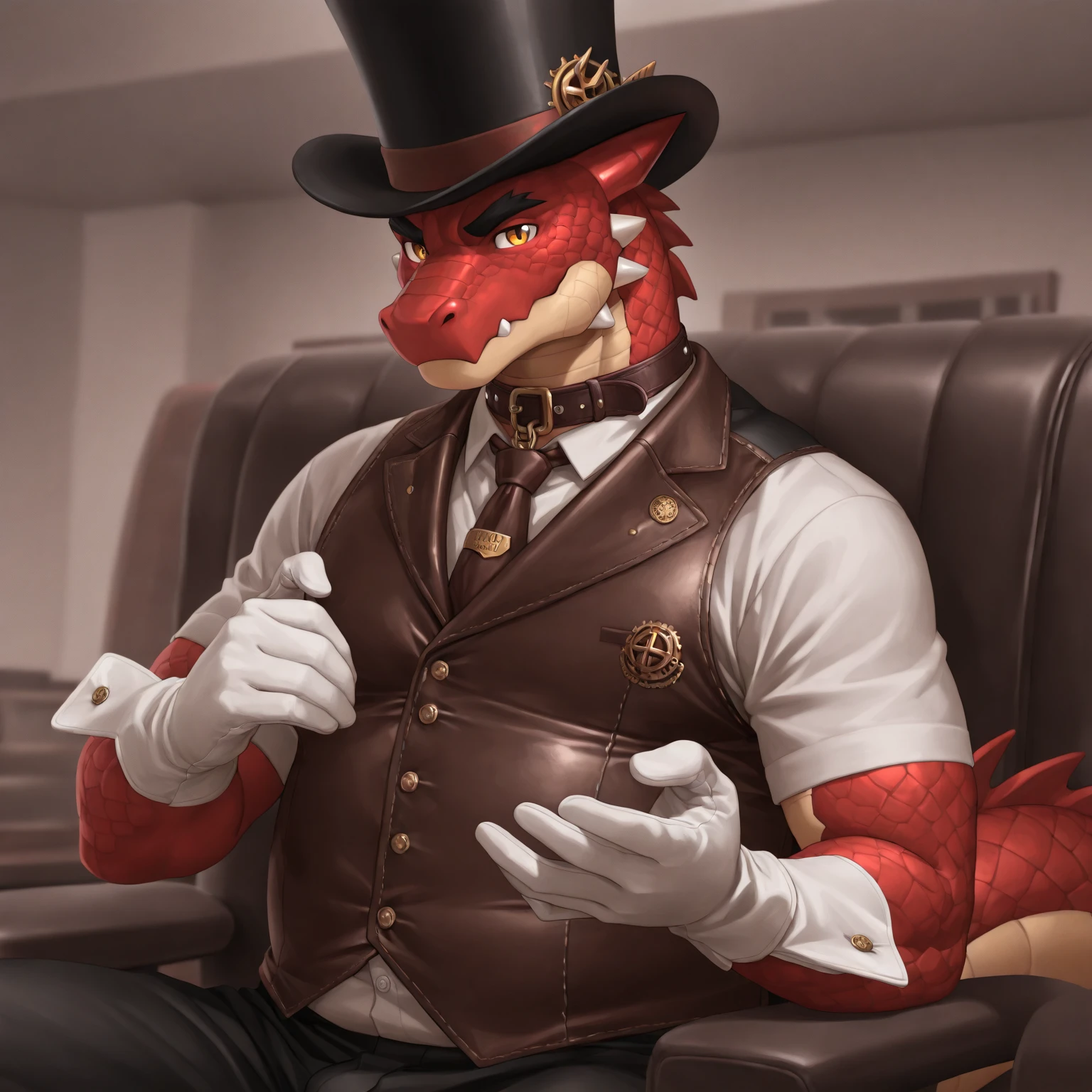Solo, Male, fat, extremely obese, gentleman, dapper Professor Dragon, blue eyes, (posing:1.3), (soft shading), 4k, hi res, ((detailed face, detailed)), looking at viewer, mouth wide open, steampunk, dapper clothing, collared shirt with buttons, top hat, male focus, Explorer Outfit, glasses, monocle, vest with buttons, sleeves rolled up, round eyewear, brown headwear, brown vest, office, Dragon is wearing a glossy leather dog collar around the neck, Dragon is wearing the leather collar and shirt and vest at the same time, Dragon is wearing glossy white rubber gloves on the hands, wearing white rubber gloves on the feet, gloves are rubber in texture, clenching teeth, clenching fists, leather collar is glossy and shiny with a lot of detail, Dragon is wearing gloves and leather collar at the same time, leather collar has a round dog-tag, leather collar is thick and detailed, leather collar is glossy and shiny, fancy clothing, dapper vest, dapper shirt, leather collar is thick, glossy leather collar, Dragon is getting dressed in his dapper vest putting on his dapper leather collar.