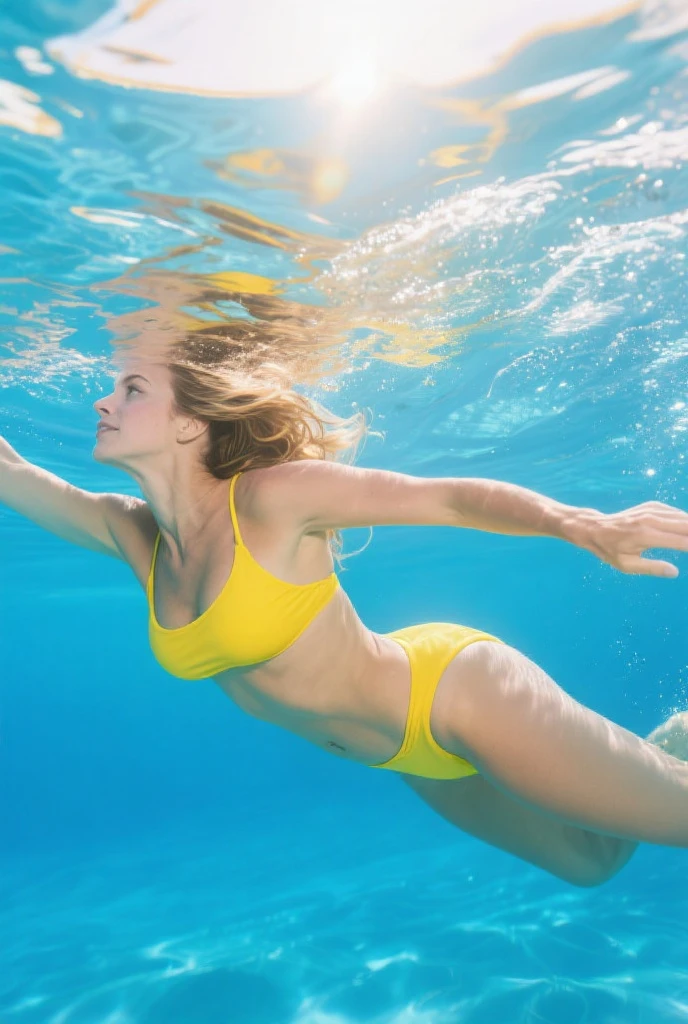 beautiful woman swimming on the lake. Hair blonde, height 2 meters. parameters 120*80*120 cm view from under water