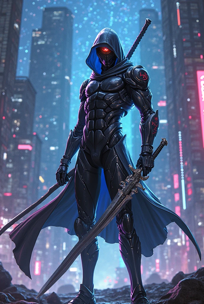 Create a contemporary superhero named Durgadas, blending traditional Indian mythology with modern aesthetics. Durgadas has a powerful, athletic build, showcasing his strength and agility. His costume is sleek and futuristic, featuring a minimalist design with high-tech materials. The trishul (trident) symbol is subtly integrated into his chest emblem. He has a dynamic, angular visor or mask that adds a high-tech feel. The background shows a cityscape at night, with neon lights and digital billboards, emphasizing a blend of ancient and modern. Durgadas’s presence exudes both advanced technology and a sense of divine purpose.”