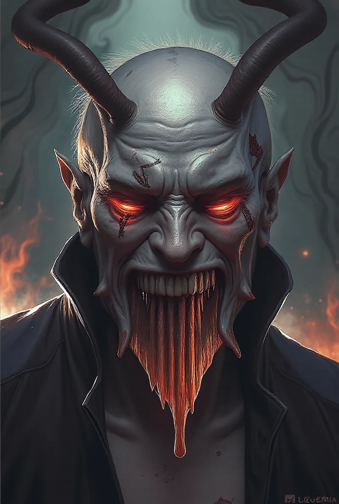 (best qualityer,high resolution),satan do inferno,tenebrosa,detailded,portraite,face red,burning eyes,Horns on the forehead,satan,cigarette smoke, sarcastic,villain,comic-book style,bright coloured,demonic,Underworld Setting,Ominous lighting,Threatening Expression,Scarred skin,tattoo's,piercings,devilish smile,vengeful pose,gloomy background,fire rags,steamy atmosphere