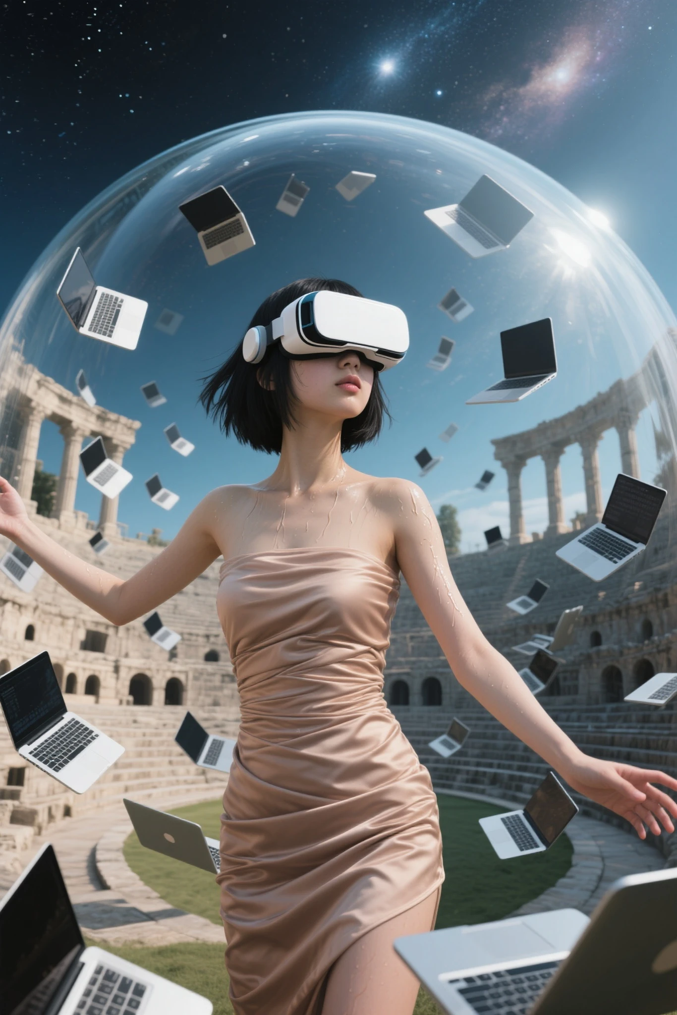 A virtual reality experience with a person wearing a VR headset, exploring the Taj Mahal