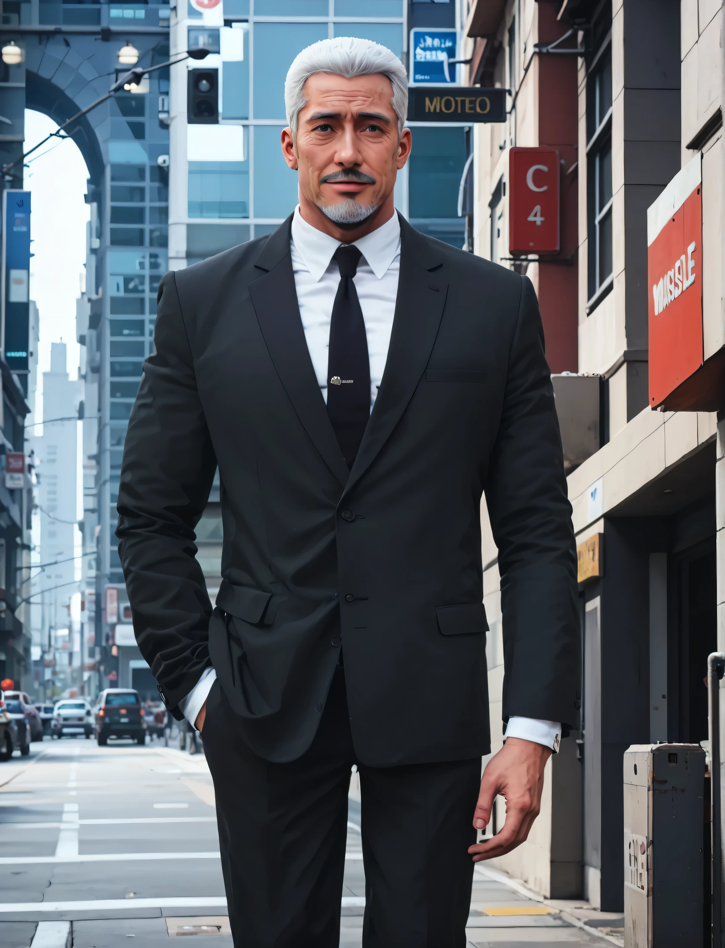 (surreal: 1.4), (highly detailed: 1.4), complex, (sharp focus: 1.4 ), ( full text Color grading: 1.4), (Professional photography: 1.4), hdr, uhd, 4k, 8k, (Masterpiece: 1.4), (Highest quality: 1.4), (Ultra high resolution: 1.4), (Actual photography: 1.4), (Original Photo: 1.2), (1 Korean man: 1.4), HDR,Realistic shading, natural light, expressive and serious face, male-centered, _short white hair, brown_yoosl_eyes, 1boy, , rapier, black suit, shiny skin, cowboy shot, surrealism, masterpiece, top quality, amazing quality