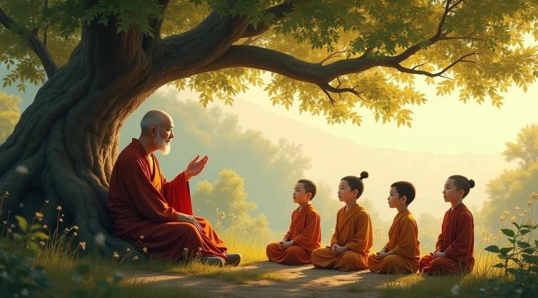 Guru teaching students moral values according to Hindu dharma under a tree and preaching them. The students are boys who are sitting down on land in 16:9 ratio