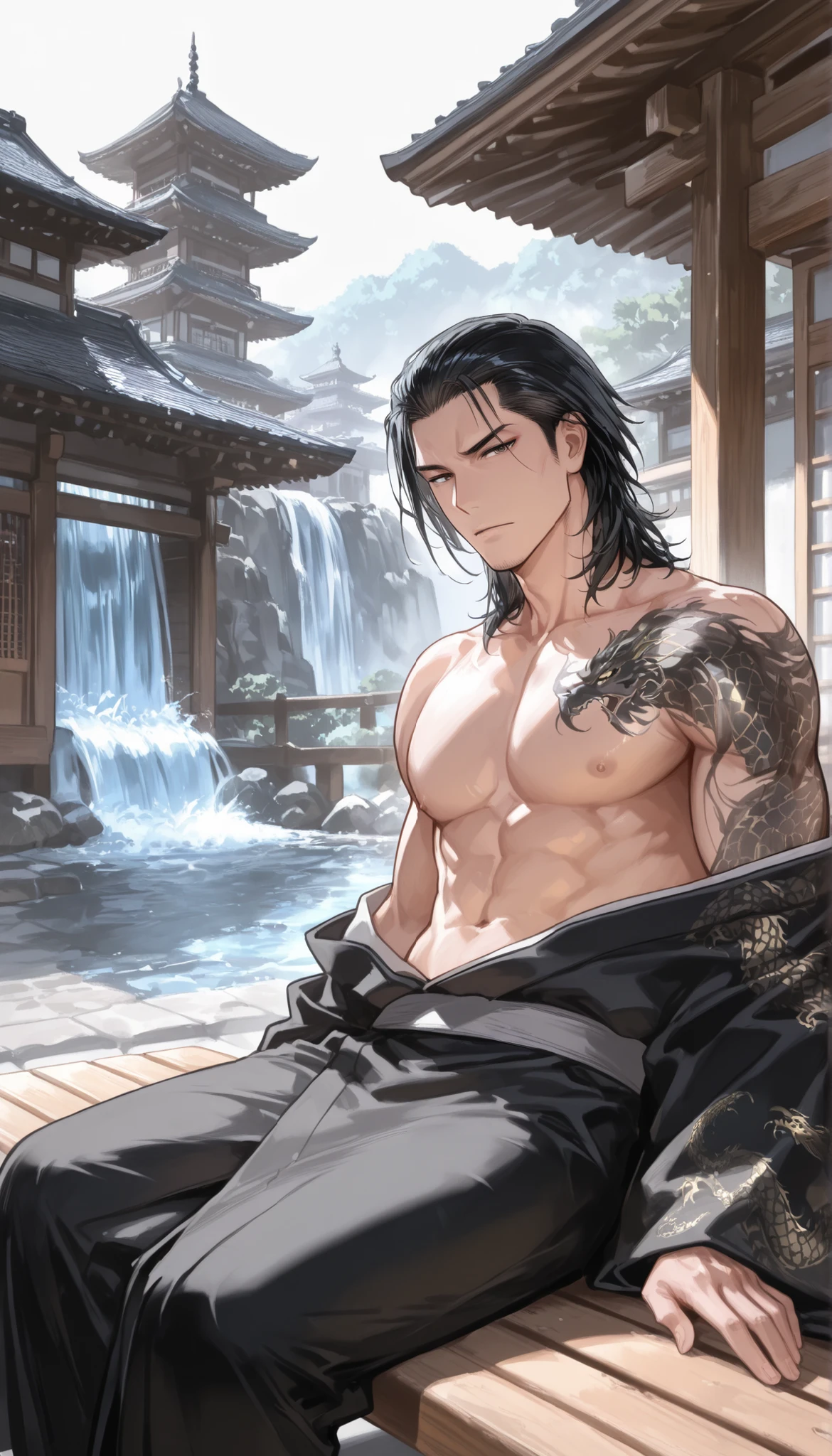 yakuza boy, japanese black kimono with dragon pattern, black hair, medium hair, handsome, topless dragon tatto, sitting on bench, outdoor, looking at viewer, background Japanese architectural buildings, waterfall