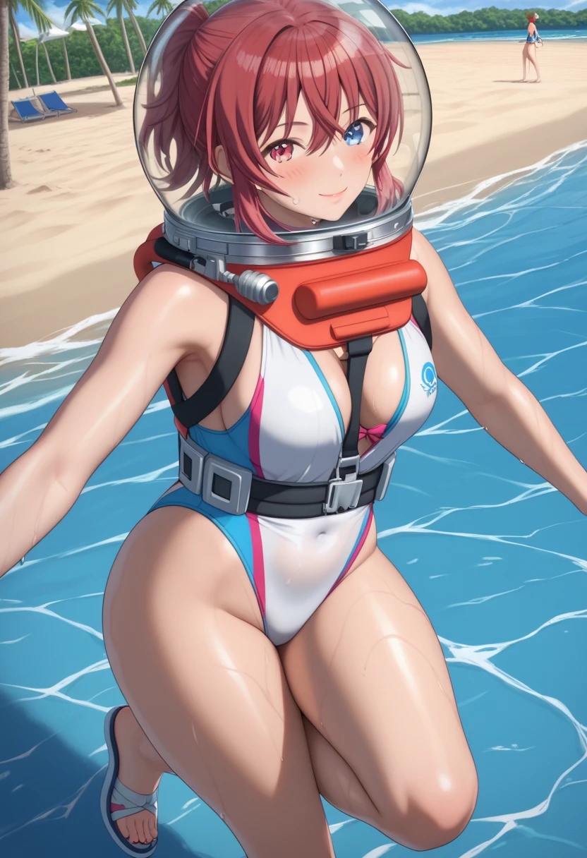Highly detailed CG, 8k wallpaper, best quality, masterpiece, higher eyes and nose, very delicate and beautiful, beautiful, detailed,, (blue eyes: 1), (beautiful hands), (beautiful fingers) , , necklace (water:1.6), (beach:1.5), (messy hair:1.5), (leaning forward:1), looking at the viewer, (smile:1.3), (one eye closed:1.2) , (sweating), (beautiful toes), (6 years old:1.5), (1girl), (ash red hair:1.5),(middle hair:1 ), (dark skin: 1.4), (thigh circumference: 1.3) , beautiful, narrow waist, white thigh highs, narrow waist, thighs, wide hips, eyeliner, eyelashes, perfect face, detailed eyes, (dark skin : 1.5),,,(spacesuit: 1.15) , white cargo pants, astronaut )bubble helmet, space helmet, space helmet,