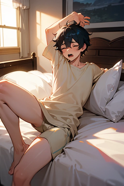 Elementary school student Slightly chubby belly Wearing transparent briefs Lying on the bed Legs apart Extremely sexy Thin legs Boy Boy Shorter upper body