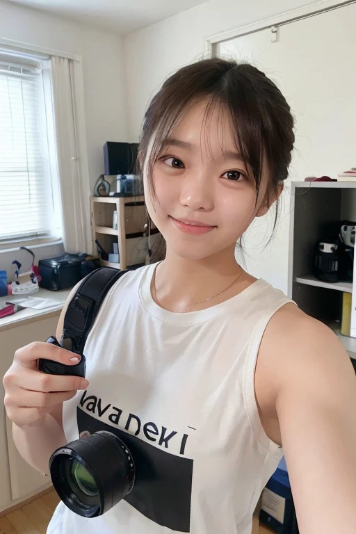 there is a woman taking a selfie in a kitchen, 8k selfie photograph, young cute wan asian face, dang my linh, taken with sony alpha 9, selfie of a young woman, selfie shot straight on angle, taken with canon 8 0 d, Young and cute face, with cute - fine - face, with kind face。Wear a crimson T-shirt,Apply dark brown nail polish to your thumb,closeup of face,The hair was long,The clothes are Chinese patterns,Wear transparent spectacle frames。Pink T-shirt。
