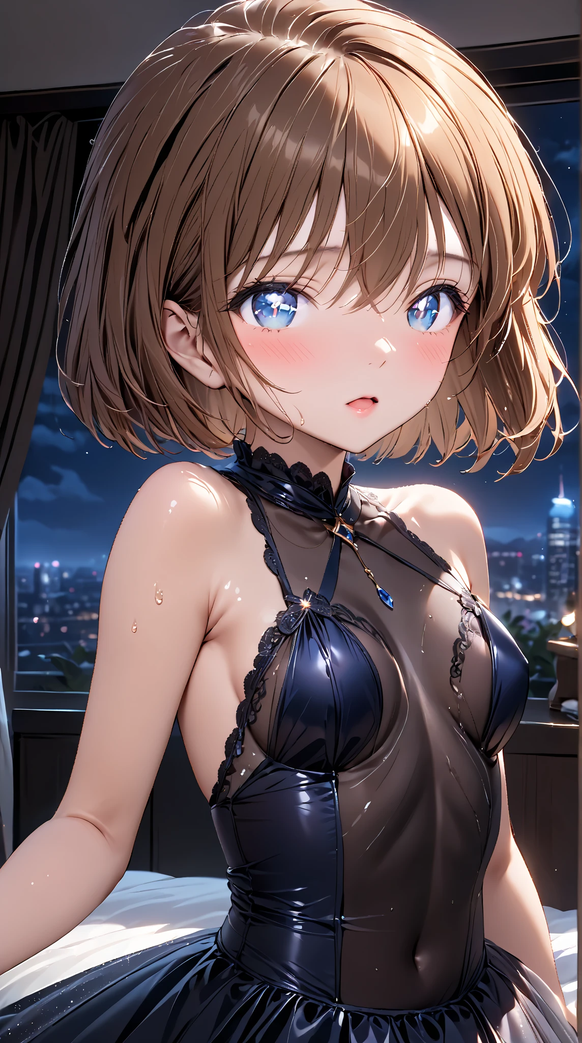 (Moon-inspired dress)), ((skirt)), ((pantyhose)), ((Shiny Costumes)), skindentation, skinny, solo, 1 woman, Masterpiece, highest quality, highest quality, 16K, incredibly absurd, highly detailed, 2.5D, ai-generated, delicate and dynamic, very delicate facial expressions, delicate eye depiction, erotic, only sexy woman, ((A cute and kind face)), healthy figure, ((2 woman)), 160cm tall, medium firm swaying bust, , blush, Sweat,Embarrassed,sexy, ((thin thighs)), (camel toe:0.7), (visible nipples:0.3), (Erect nipples,:0.7), shiny and lustrous, facing straight at viewer, (((in heat))), ((Oily_skin)),, ((dutch angle)), ((erotic pose)), , (((A woman making a confession under the moonlight))),
