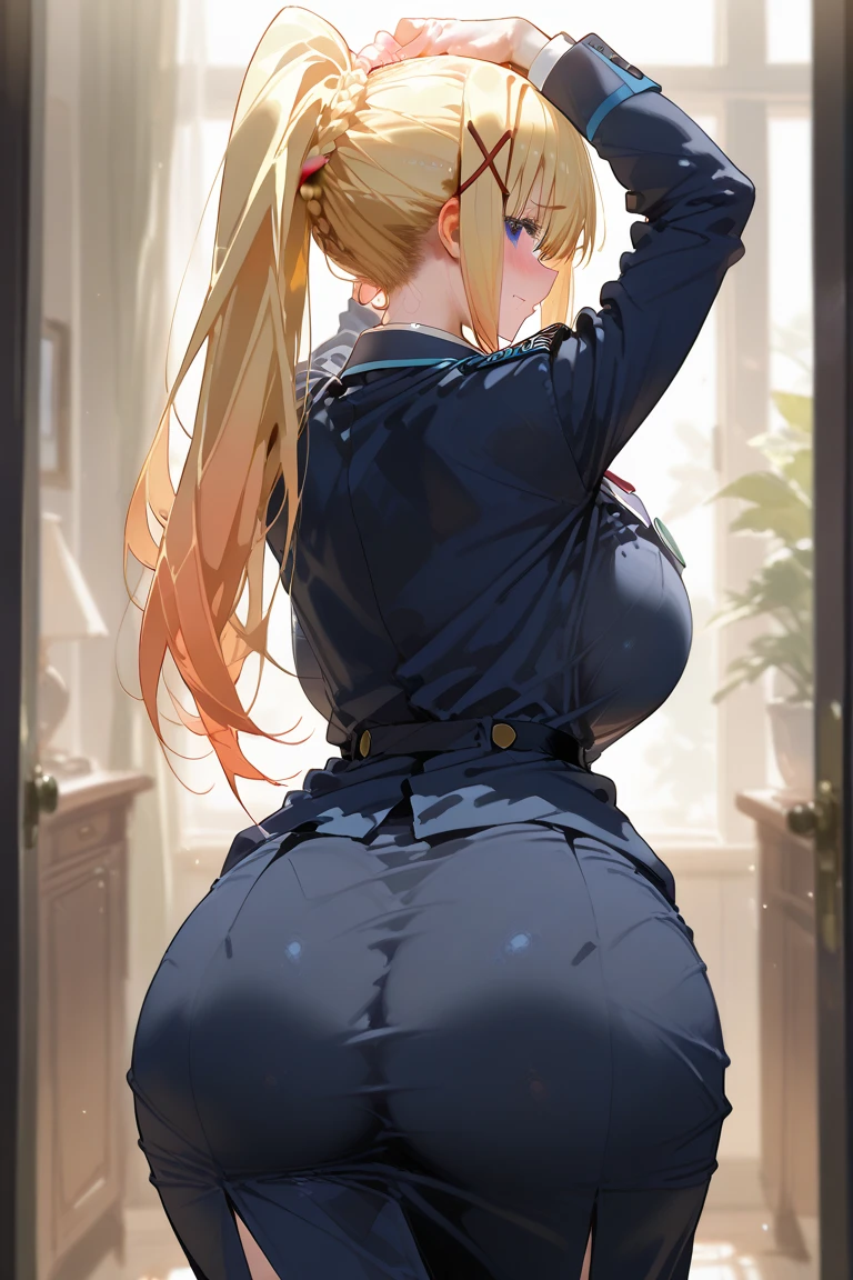 he is in business attire with tight skirt she has thick thighs with huge breast and she has erect nipples and her ass is faced towards the viewer with a tight white business dress shirt no tie no suit mature woman