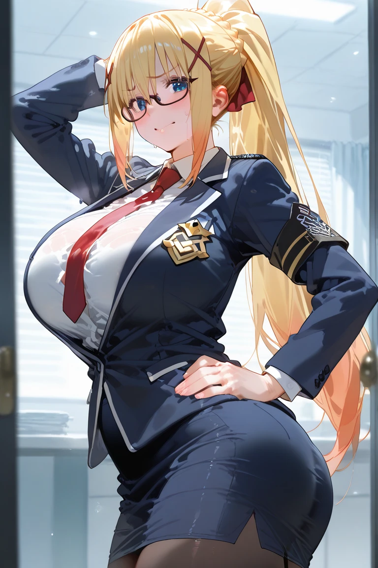 (((Skin exposed through uniform)))、Nipples protruding from the bra、panties on、((((feel shy))))、((a blond))、beautiful  Girl、Large beautiful breasts、cleavage of the breast、A slender、オマンコ、(((((shyly make sexual advances)))))、((Inside the bustling city))、((smil))