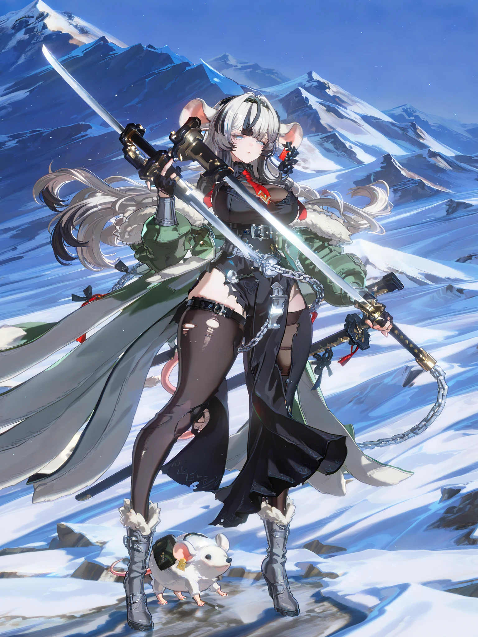 Snowy mountain, large breasts, fullbody, slean model body, long legs, long cape, cute pelvic curtain dress, cute chain belt on her waist, holographic hair, cute big wolf tail, holding a huge katana, black dress, 1girl, janedoe, bangs, black hair, blue eyes, long hair, mouse ears, fur-trimmed jacket, green jacket, long sleeves, red necktie, high-waist black shorts, belt, fingerless gloves, single leg pantyhose, torn pantyhose, torn thighhighs, grey boots, tail, 