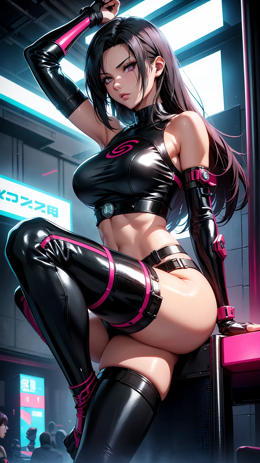 Best quality, masterpiece, highly detailed, award winning, (bold and seductive:1.2) girl, colorful, dressed in (beautiful, cool, edgy, sexy futuristic sleeveless leotard), 1 arm raised above head, exposed armpit, exudes (power:1.1) and (confidence:1.1), plane white background