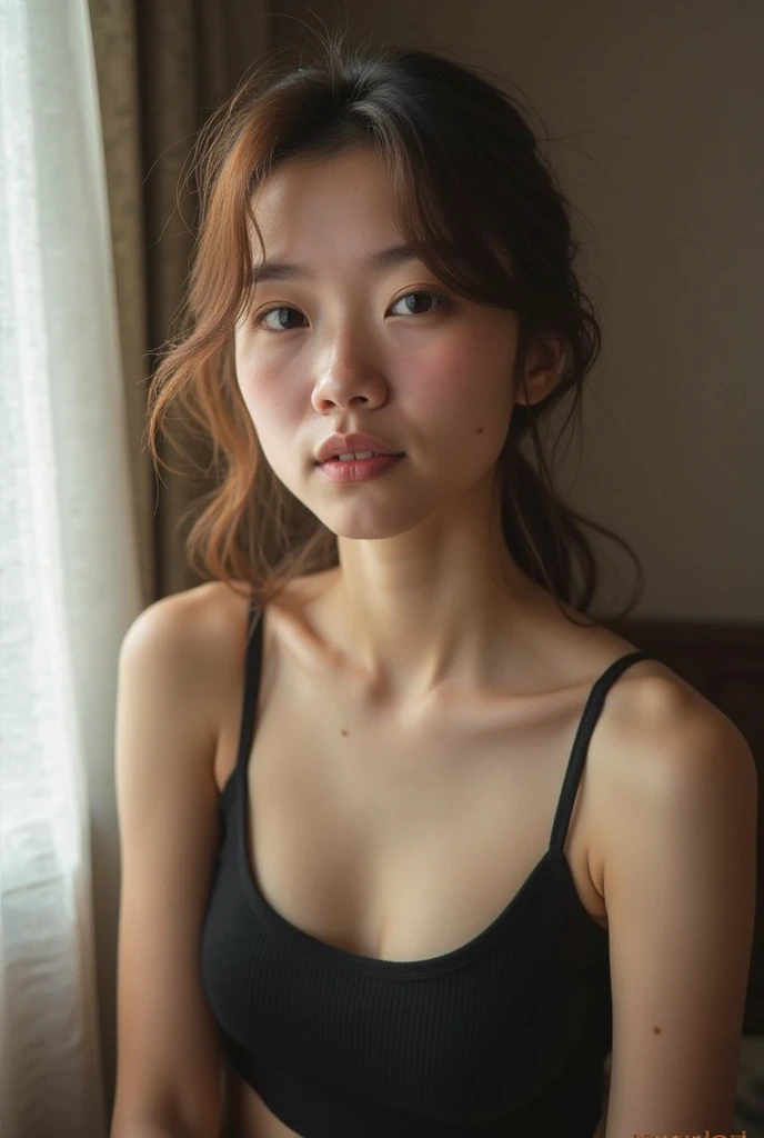 there is a woman that is sitting down with a cell phone, with accurate face, without makeup, beuatiful face, face picture, normal face, south east asian with round face, 1 5 years old, wide forehead, neutral face, small heart - shaped face, with kind face, selfie of a young woman, selfie photo, 1 5 years old, potrait