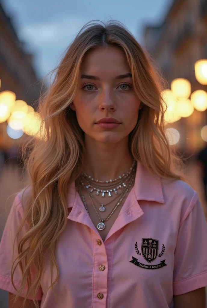 European woman, closeup, (shirt), pants, (las vegas strip), cross necklace , ZM_debora , wide shoulders, perfect face, (contact iris: 1.1), pale skin, skin pores , depth of field