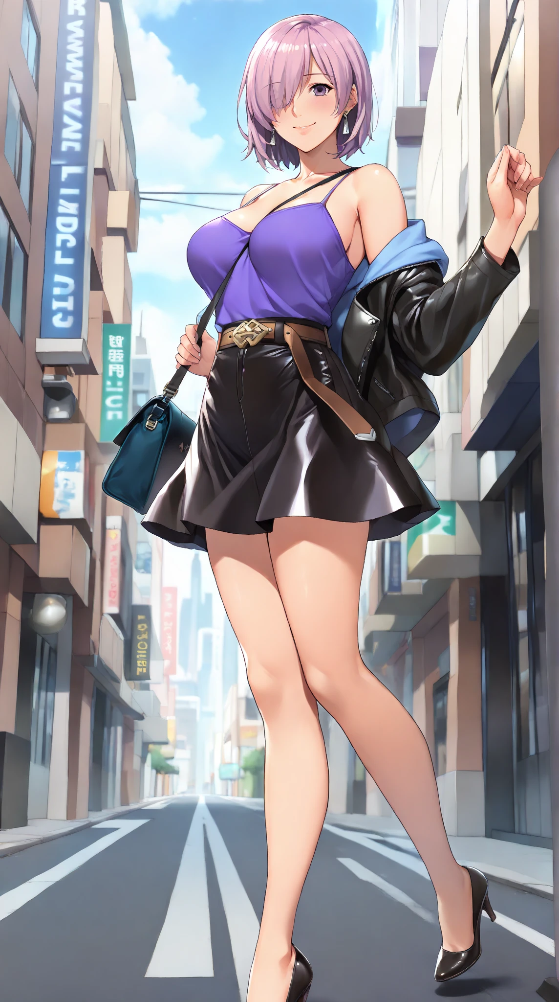 slim woman with toned body, alone, blond hair with bangs, longye hair, ((black dress with long sleeves and high neck, denim coat)), black heel shoes, joyful look, Pink eyes, building in the background, detail, 真实感, 4K, face detail, fleshy lips, steep nose, Grinning, realistic shot, Depth of field, frontal soft light, sheen, HDR (subdued colors: 1.2), Canon RF 100mm F2.Macro 8L IS USM