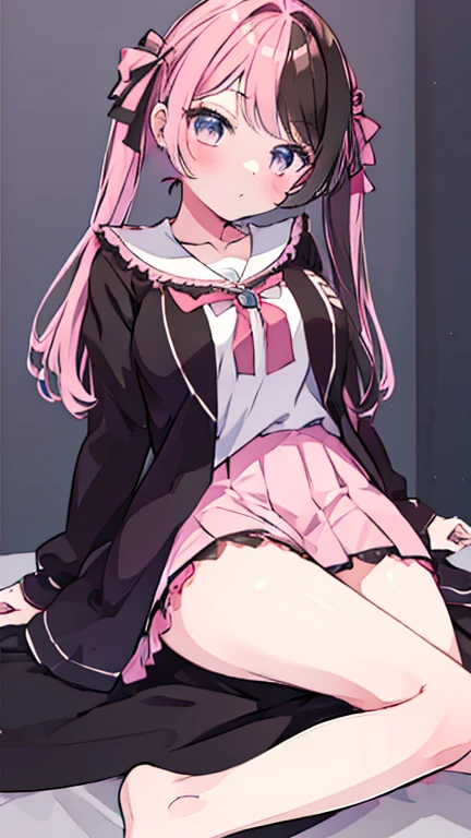 garter belt,Pink Panties,Big breasts with legs spread,High Resolution 1girl Ahoge Bobby_pin bow bowtie braid brOwn_目s collared_shirt dojikko_Temporarily stop_shirt frilled_shirt_Color Free Joint_skirt frills hair_bow hair_ornament hairpin hand_in addition_Own_head, heart, heart_hair_Decorative hood_jacket jacket lin additiong_Pentagon Pink_hair plaid plaid_Ribbon Check_Pleated skirt_skirt shirt shoelaces shoes simple_background sitting skirt solo star_(symbol) twin_Braided Warisa White_Background bus stop_Knee socks, whole body