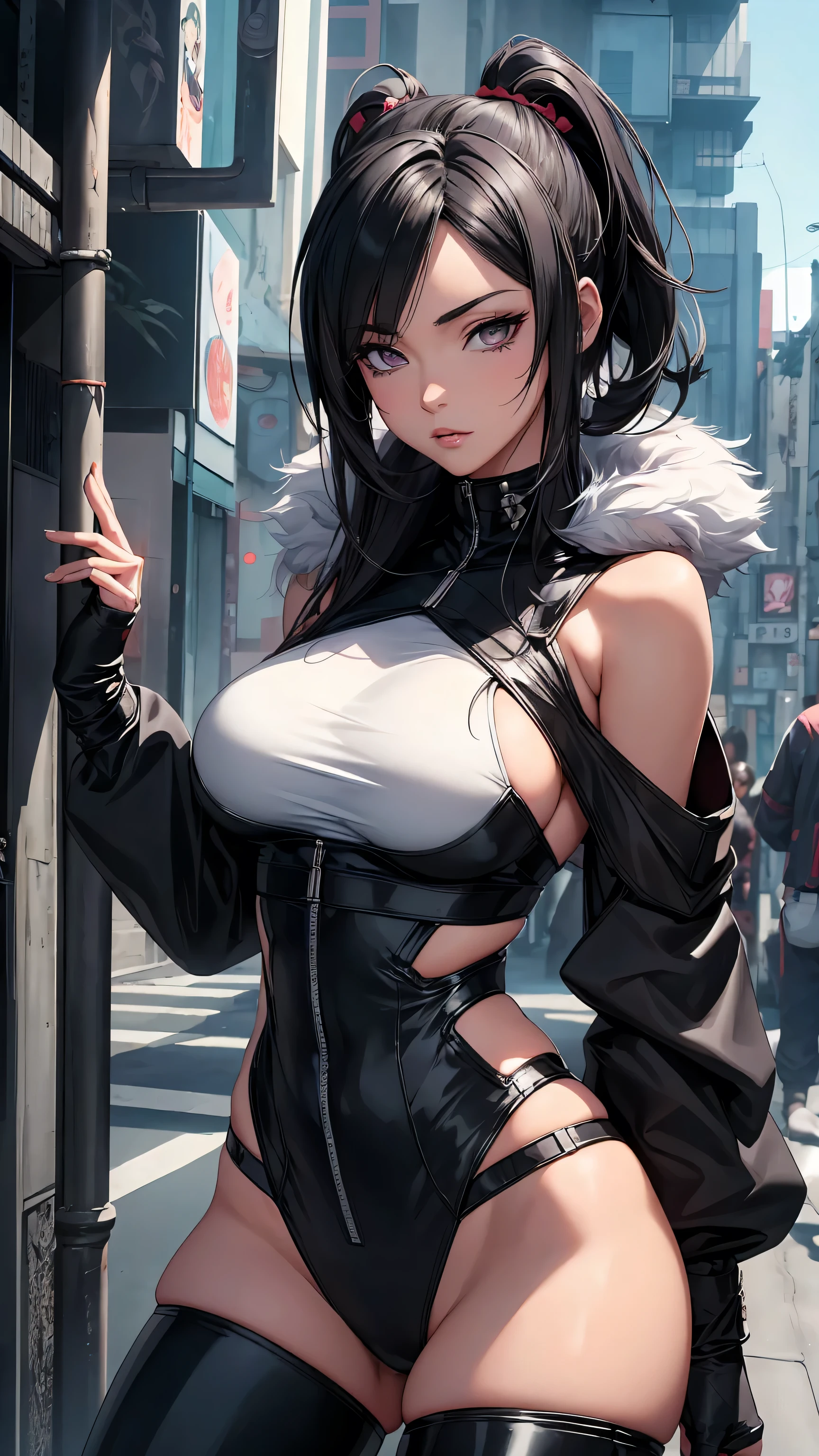 short black hair 1 girl, 1 gilr, ,perfect anatomy girl muscular girl toned body girl large breasts girl thick girl angry girl best quality girl black hair girl Eyes red,linda,wearing short leggings with, blackstockings, shorth hair, comely eyes, comely, Eyes red, white shirt, black leather jacket, shorts, legging branca curta, dark alley city black pantyhose, horned hair on head,ssmile,face detailed,ssmile no rosto,Hands behind the head