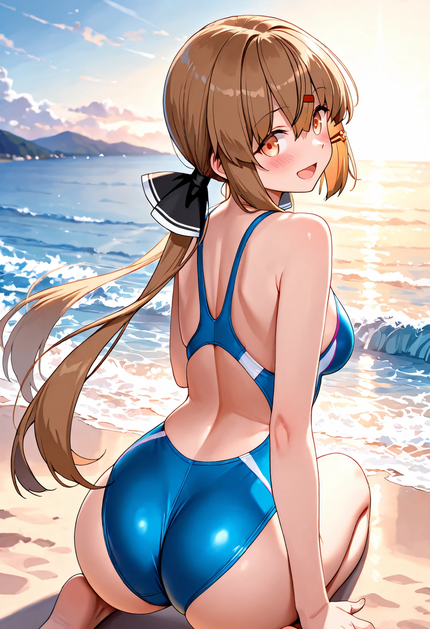 masterpiece, best quality, misaka_mikoto, brown eyes, looking at viewer, solo, small breast, upper body, (swimsuit), beach, outdoor, , smile, close_mouth, ((crossed legs)), ((standing)), lens flare abuse, one piece suit, body suit, shiny clothes, thicc, onegirl, 1girl, white swimsuit, pantihose, ass pose, botty pose, back pose, nice ass, latex