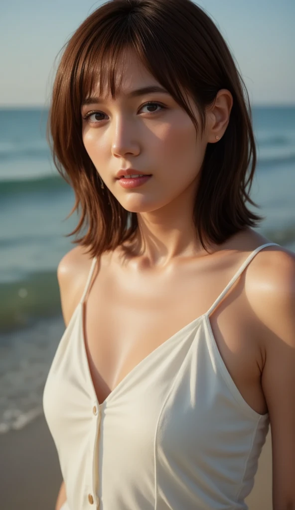 photo-realistic, realistic, RAW photo, masterpiece, best quality, highres, extremely detailed CG unity 8k wallpaper, high detailed, film grain, detailed skin, natural lighting, symmetrical, an extremely delicate and beautiful, illustration,
1girl, clothes pull, pulled by self, strap pull, medium straight hair, skinny, slim, slender body, small breasts, delicate and pretty, perfect face, beautiful and detailed eyes, fair skin, real human skin, pore, (Japanese student:1.2),
(camisole, embarrassed, upper teeth), walking on the beach at sunset