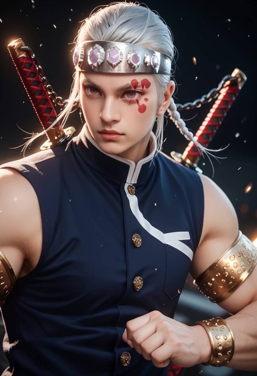 A hyper-realistic CGI render of a muscular anime-style warrior with silver hair tied in a topknot, wearing a jewel-studded headband and golden arm bands, wielding dual chained swords glowing with ethereal energy. He is in a dynamic action pose, surrounded by glowing motion trails and slash effects. His face has red markings, and he wears a sleeveless dark combat outfit with white kanji on the back. Ultra-detailed textures, cinematic lighting, rendered in Unreal Engine, 8K resolution, realistic shadows, dramatic contrast, ambient particles in motion blur.