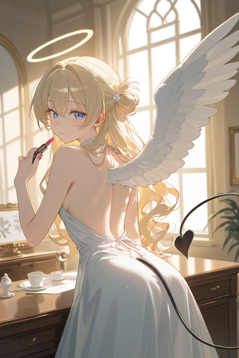(High Quality) (4K) (Unity wallpaper) A yellow cat ears yellow hair blue eyes maiden, is an angel, has white wings, C cups, temptation, by the broken mirror, the center of the world, heaven, the transmission of light, day and night, the cross.