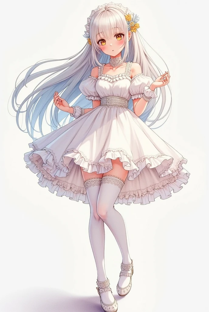 absurdres, 8k resolution, masterpiece, best quality, detailed face, detailed eyes, bright eyes, large eyelashes, a cute chibi loli waifu smiling in a sheer dress, chiffon panties, chubby, stunning elegant pose, flowing fabric, playful pose of a dancer, draped in flowing fabric, thigh highs, juicy legs, classic dancer striking a pose, add textures and details to the hair and clothes, dramatic lighting, full body,